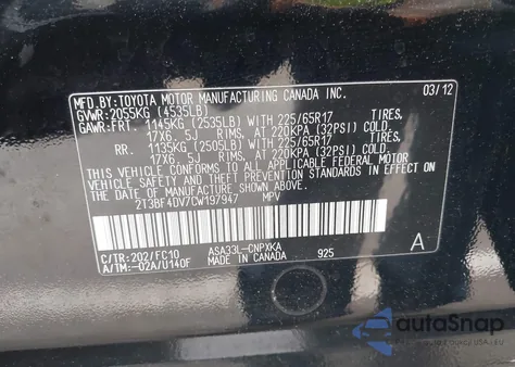 2012 Toyota Rav4 z USA, uszkodzony, nr VIN 2T3BF4DV7CW197947